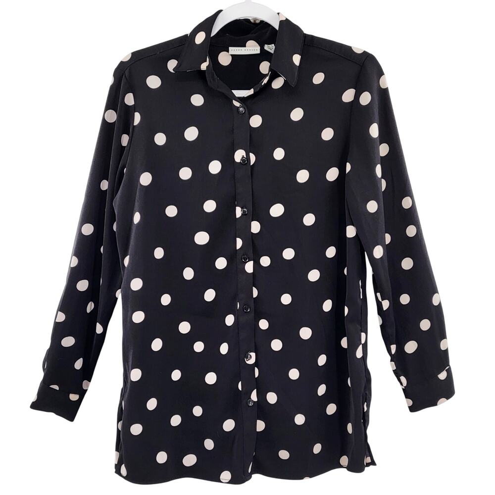Susan Graver Black & Tan Polka-Dot Blouse Top Oversized Button-Up Women's XXS
